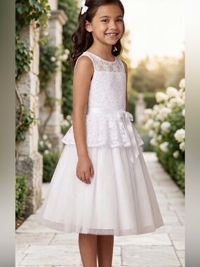 New with tag White Lace & Tulle Flower Girl Dress with Bow